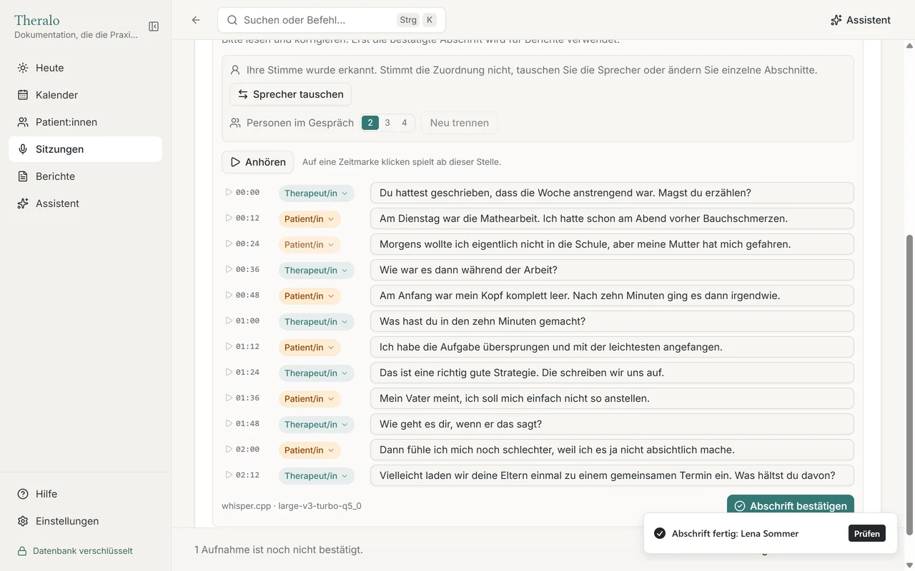 Theralo, Abschrift mit Zeitmarken und den Sprechern Therapeut/in und Patient/in